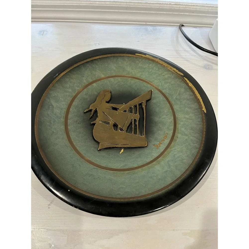 Vintage Wall Art Plaque Harpist Woman‎ Brass Metal Disc Mid Century Modern Decor